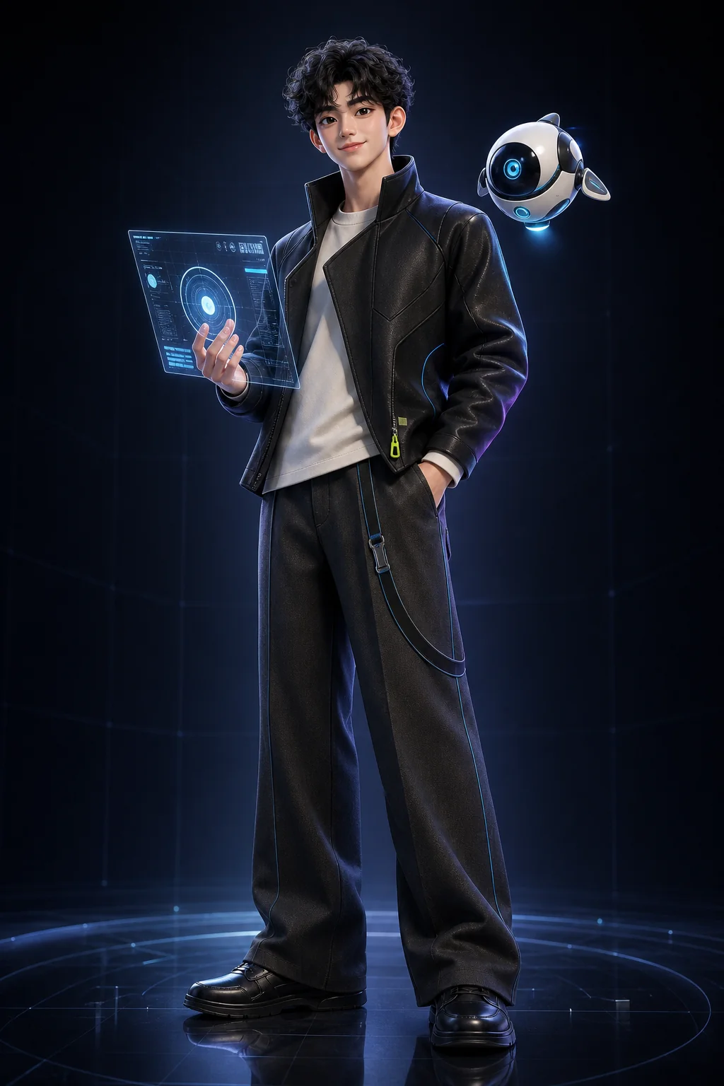 Wilson's curly-haired 3D creative director avatar with a friendly studio robot